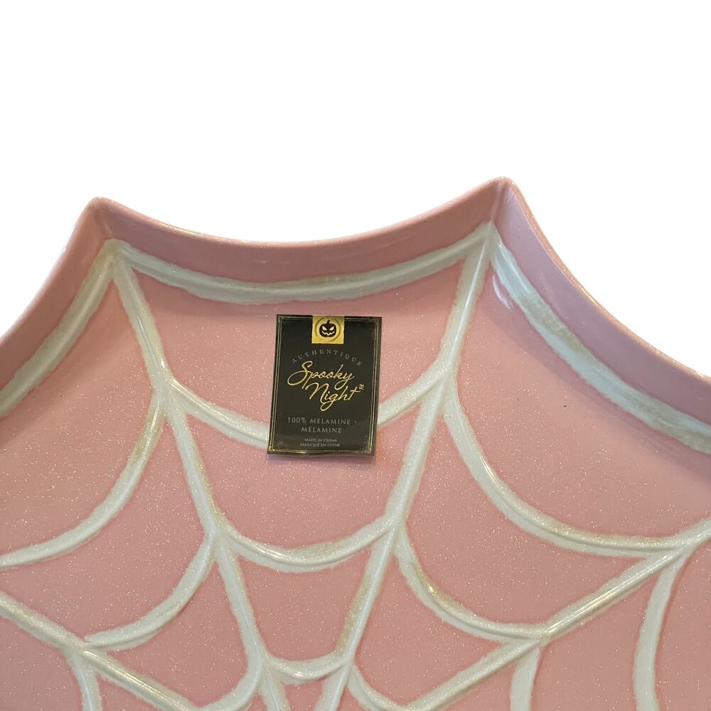 SPOOKY NIGHT Large Melamine Spider's Web Serving Tray 16in Pink & White BOO New - Picture 3 of 14